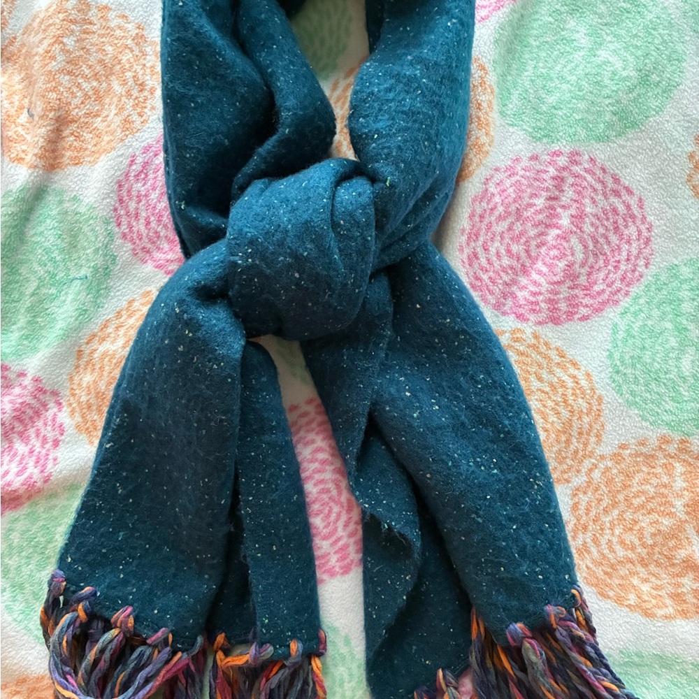 Elegant Teal Scarf with Multicolor Fringe